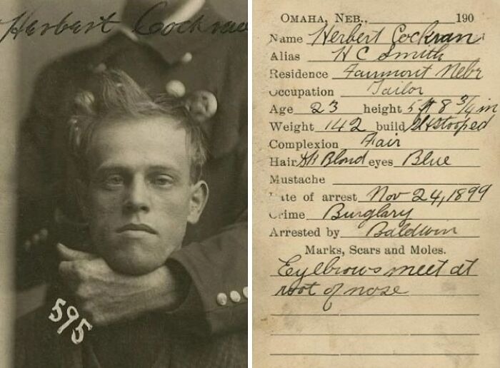 Historical mugshot of Herbert Cockman from 1899 showing detailed arrest record and unique facial features.