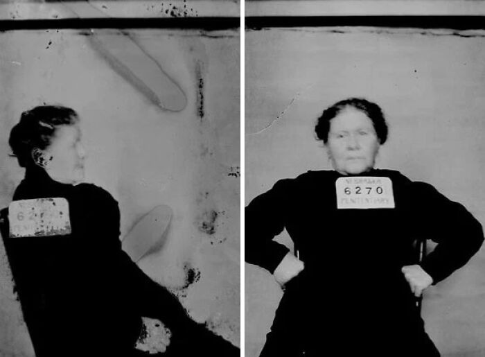 Black and white historical mugshots of a woman with prison identification tags from intriguing stories behind historical mugshots.