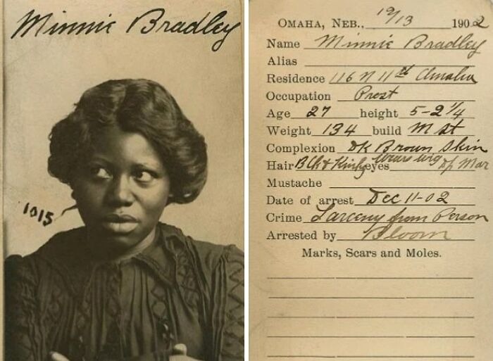 Historical mugshot of Minnie Bradley from 1902 with detailed arrest record and personal information shown.