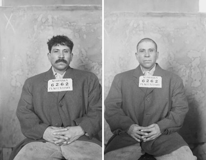 Two historical mugshots of men from Nebraska penitentiary wearing dark coats, showcasing intriguing stories behind mugshots.