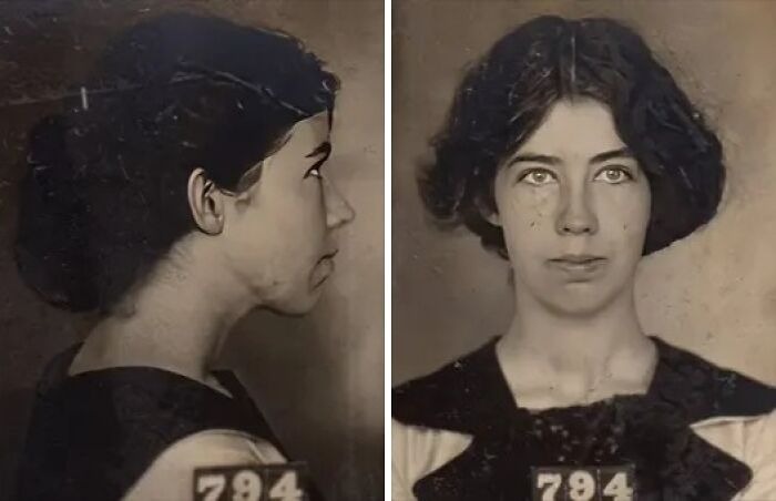 Vintage historical mugshots of a young woman with dark hair, showcasing intriguing stories behind historical mugshots.