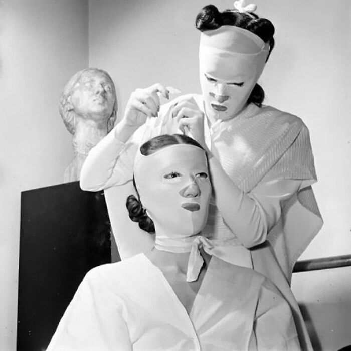 Vintage beauty gadgets from the 20s to 40s used for facial treatments, resembling unusual t*****e devices.