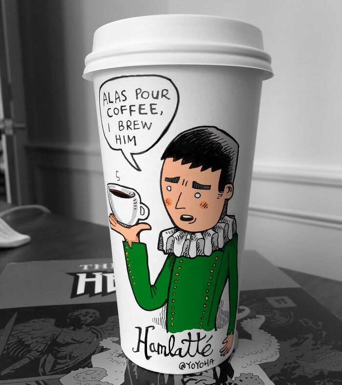 Coffee cup decorated with a humorous cartoon character and witty coffee-related text, showcasing relatable coffee cup art.