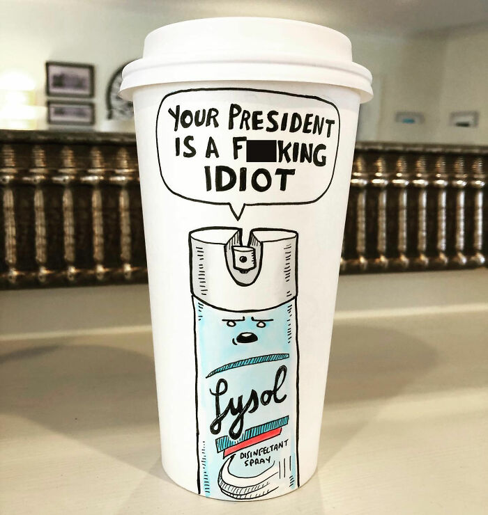 Coffee cup cartoon featuring a Lysol spray can with a humorous political message, showcasing relatable coffee cup art.