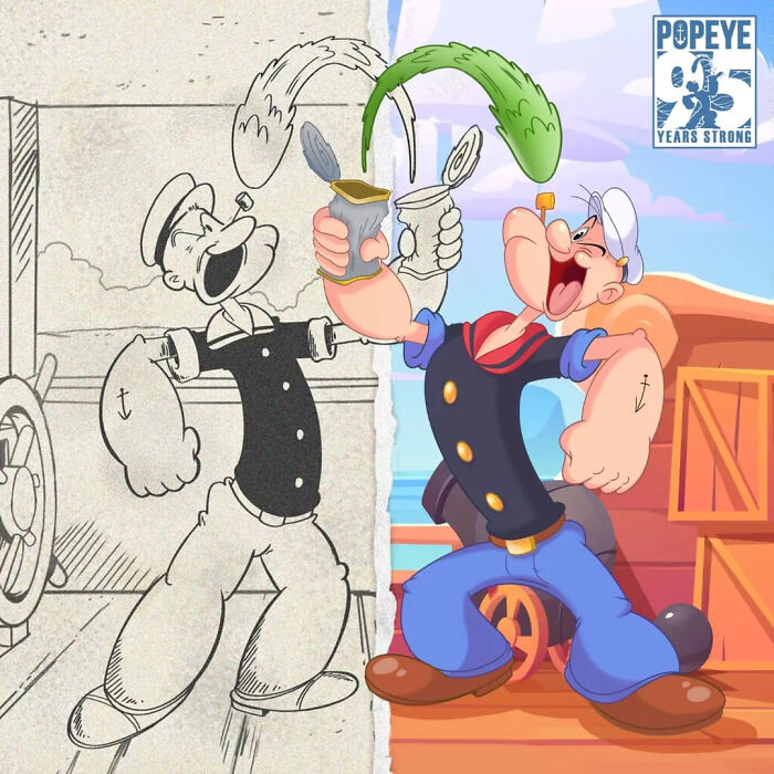 Popeye character evolution showing original black-and-white sketch versus modern colorful cartoon style.
