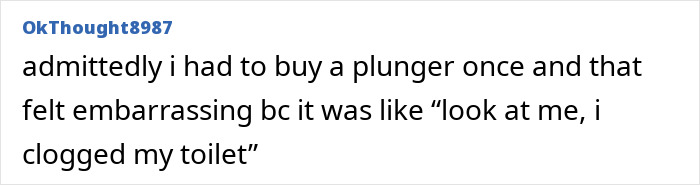 Text post with a user sharing their embarrassing experience buying a plunger, relating to toilet paper purchase shame.
