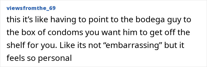 Text post by user viewsfromthe_69 describing feeling personal and not embarrassed when buying condoms instead of toilet paper.