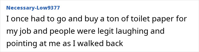 Text post about someone being laughed at while buying toilet paper, highlighting feelings of shame and social judgment.