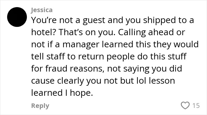 Comment discussing an influencer's travel hack backfiring after shipping clothes directly to a hotel to avoid luggage fees.