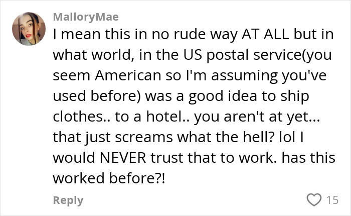 Comment from influencer about travel hack backfiring after shipping clothes straight to hotel to avoid luggage fees