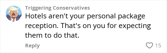 Comment about influencer's travel hack backfiring after shipping clothes to hotel, criticizing hotel package expectations.