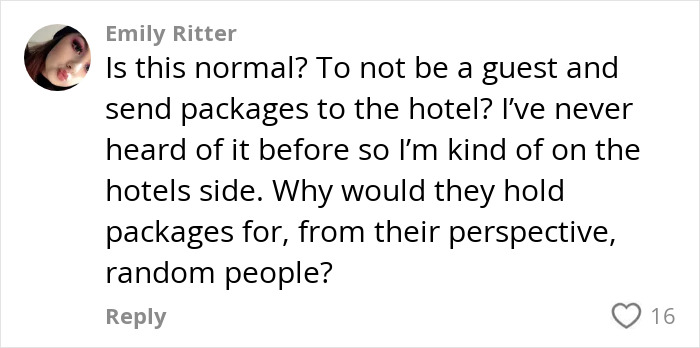 Comment discussing shipping clothes to hotels as an influencer&rsquo;s travel hack backfires, questioning hotel policies on packages.