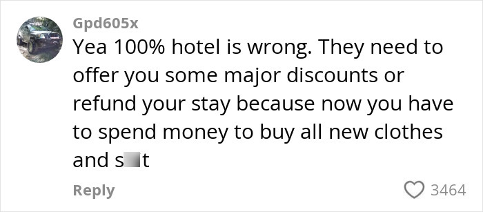 Comment by user Gpd605x discussing hotel refund and expenses after influencer's travel hack involving shipping clothes to the hotel backfired.