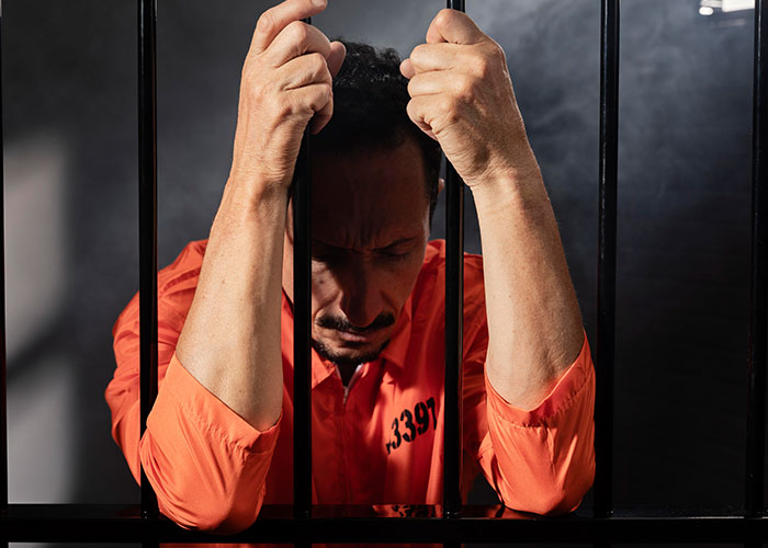 Man in orange prison jumpsuit gripping jail bars, showing a haunted and tense expression in a dimly lit cell.