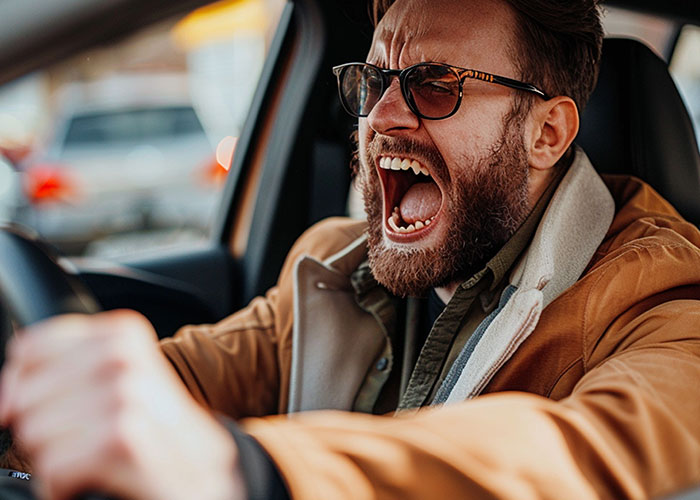 Man with glasses and beard yelling angrily while driving a car, capturing intense emotion in a creepy true story moment.