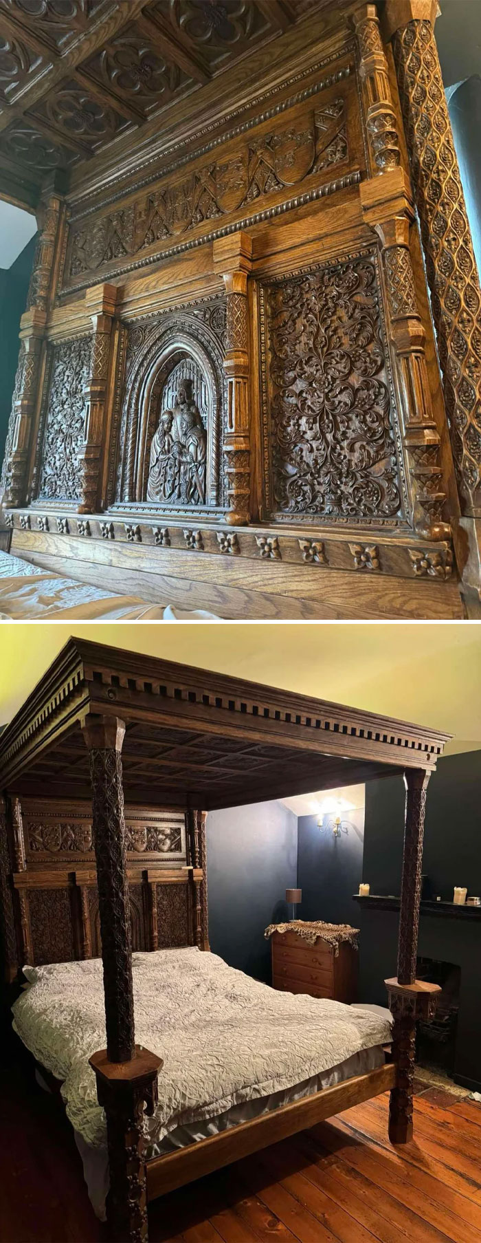 Ornately carved antique wooden canopy bed with detailed floral and figural designs in a cozy room setting.