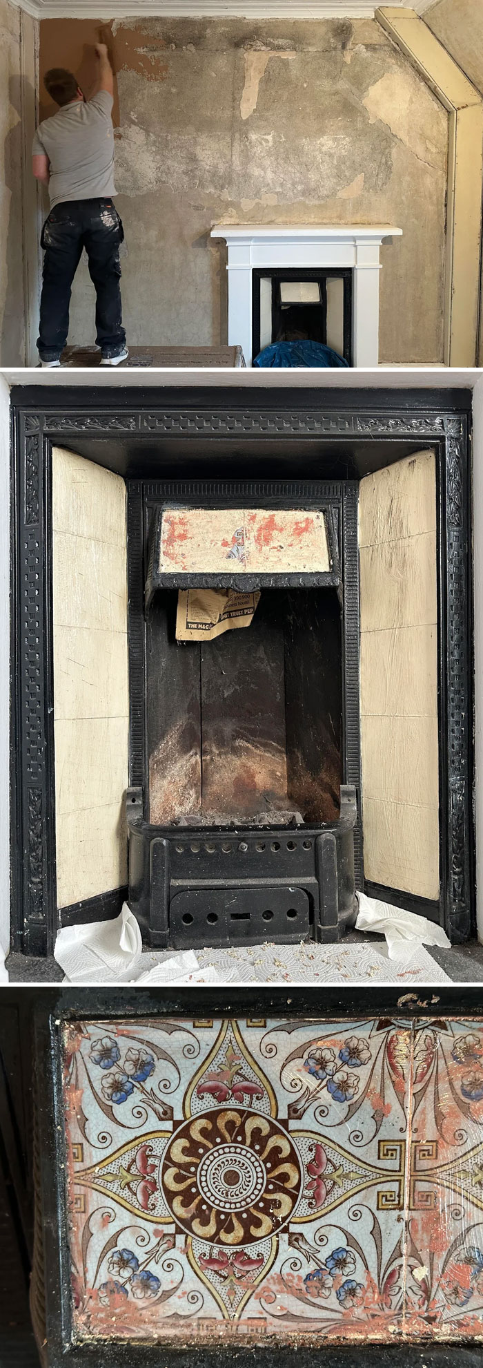 Man restoring a beautiful old fireplace with ornate vintage tiles and classic black cast iron surround in an aged room.