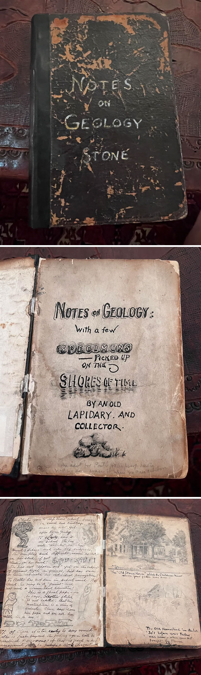 Worn vintage geology notebook with handwritten notes and sketches, showcasing interesting old collectible items and antiques.