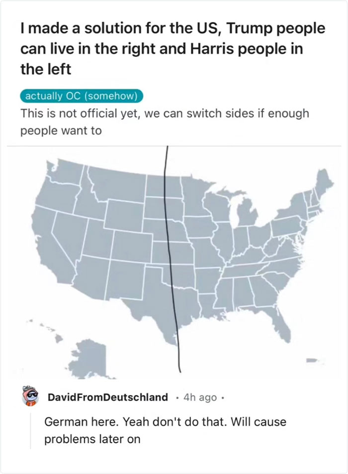 Political map concept dividing the US into Trump supporters on the right and Harris supporters on the left.