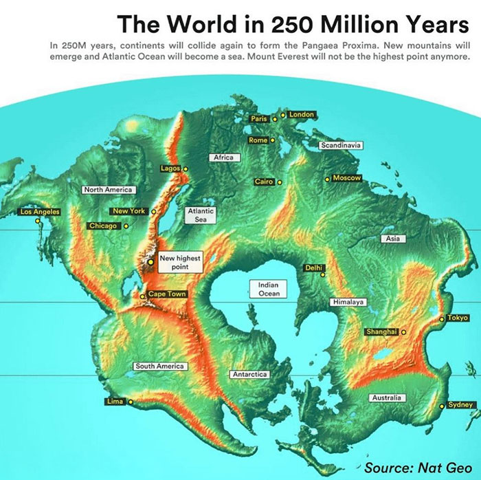 Map showing the future world map in 250 million years with continents colliding and new mountain ranges rising.