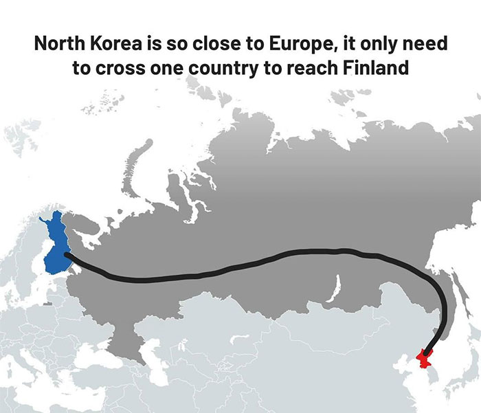 Map showing North Korea's proximity to Europe, illustrating the route crossing one country to reach Finland, from Simon Shows You Maps.