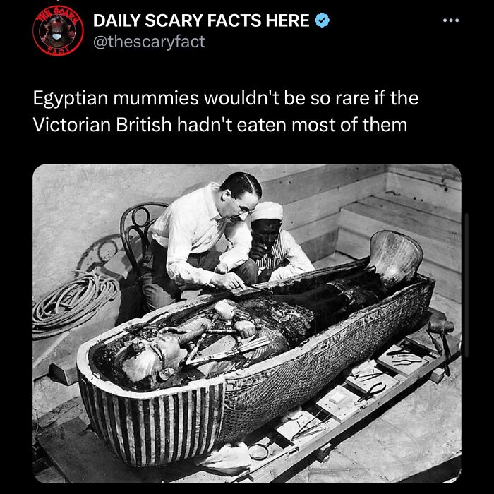 Black and white photo of two men examining an Egyptian mummy inside an ancient sarcophagus, highlighting scary facts history.