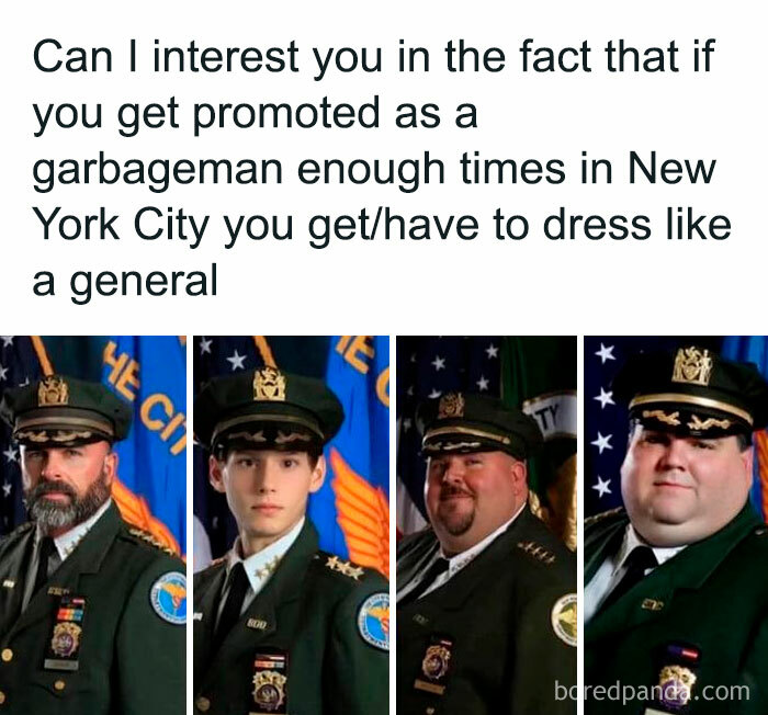 Four garbagemen in New York City dressed in general-style uniforms, showing interesting facts from an online group.