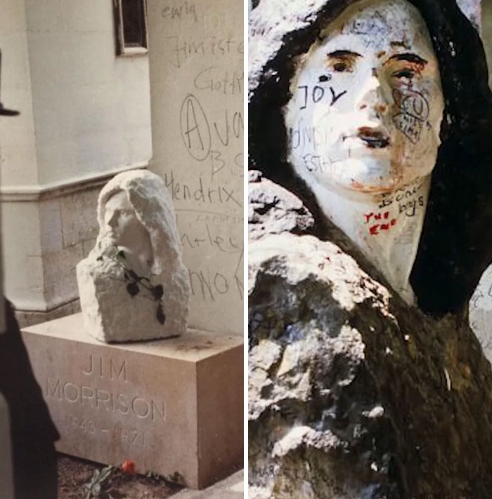 Side-by-side images of Jim Morrison statue before and after graffiti, shared by online group spotlighting interesting facts.