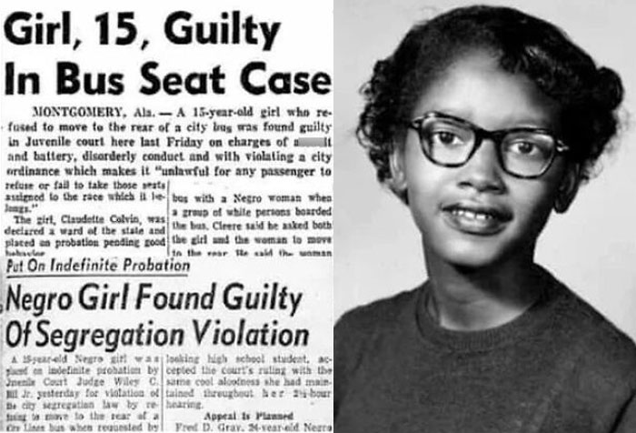 Photo of a teenage girl with glasses next to a newspaper clipping about segregation violation, relevant to interesting facts.