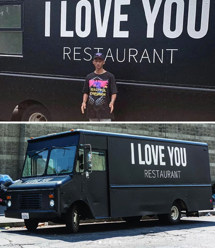 Black food truck with bold white "I LOVE YOU RESTAURANT" text, featured in an online group sharing interesting facts and pics.