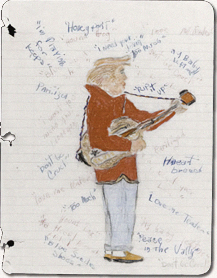 Hand-drawn sketch of a person playing guitar with handwritten notes, from an online group sharing interesting facts and pics.
