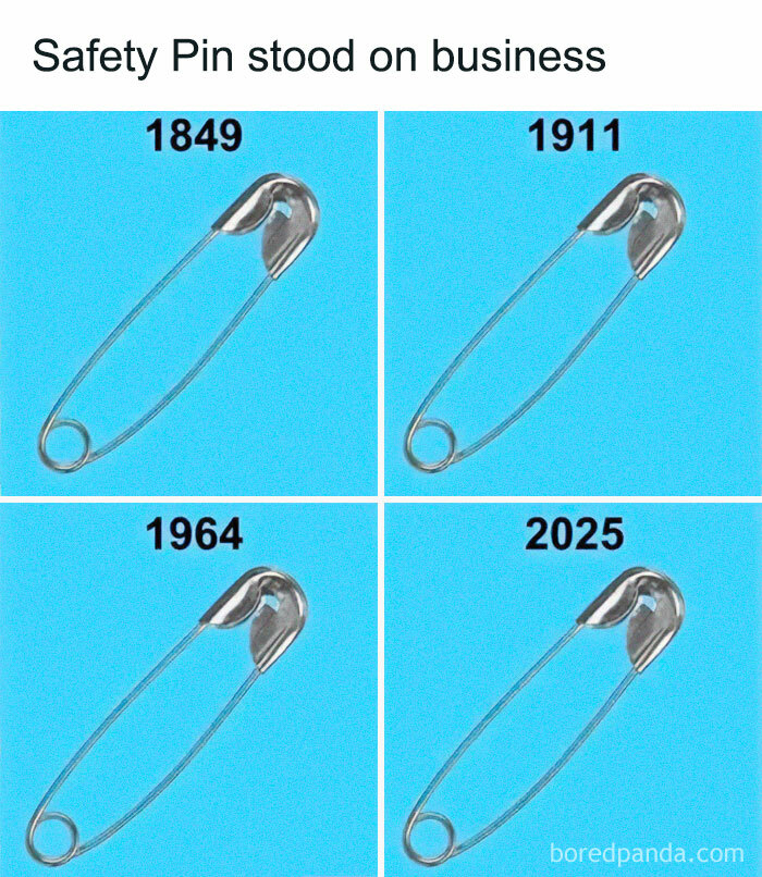 Safety pins shown in a timeline from 1849 to 2025, shared by an online group highlighting interesting facts and pics.