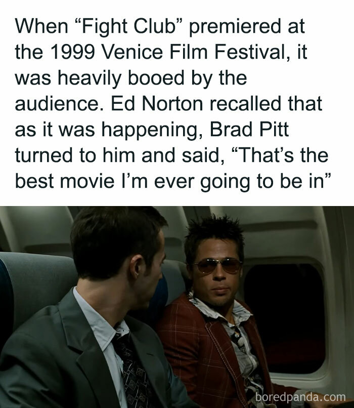 Scene from Fight Club with Ed Norton and Brad Pitt, shared in an online group of interesting facts and pics.
