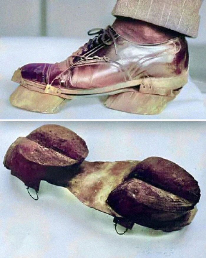 Old wooden platform shoes displayed on foot and separately, shared by online group with interesting facts and pics.