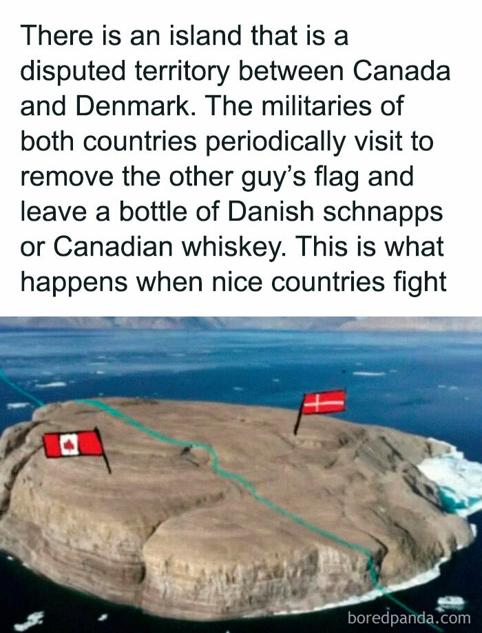 Disputed island between Canada and Denmark with flags, shared in an online group "Whoah, That's Interesting" facts and pics.