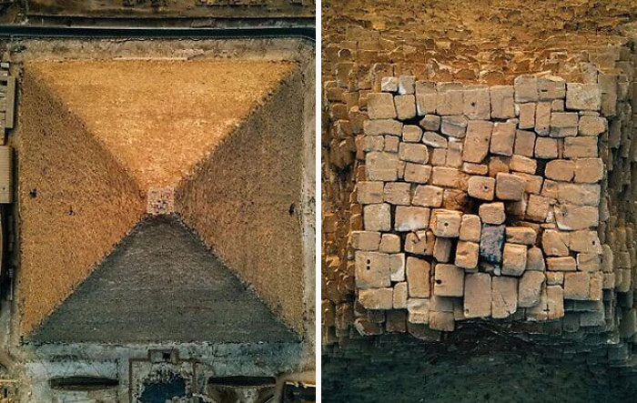 Aerial view of an ancient pyramid and a close-up of its eroded stone blocks shared by an online group with interesting facts.