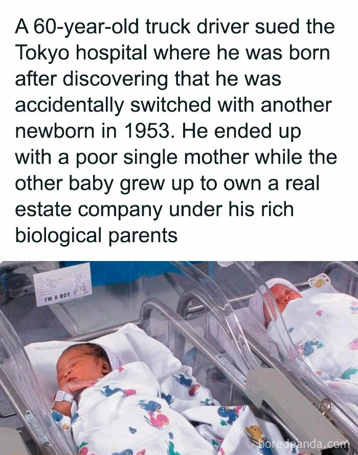 Newborn babies in hospital bassinets accompanying interesting facts shared by an online group community.