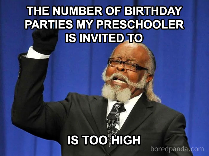 Older man with glasses and white beard raising hand, expressing frustration about preschooler birthday party invitations.