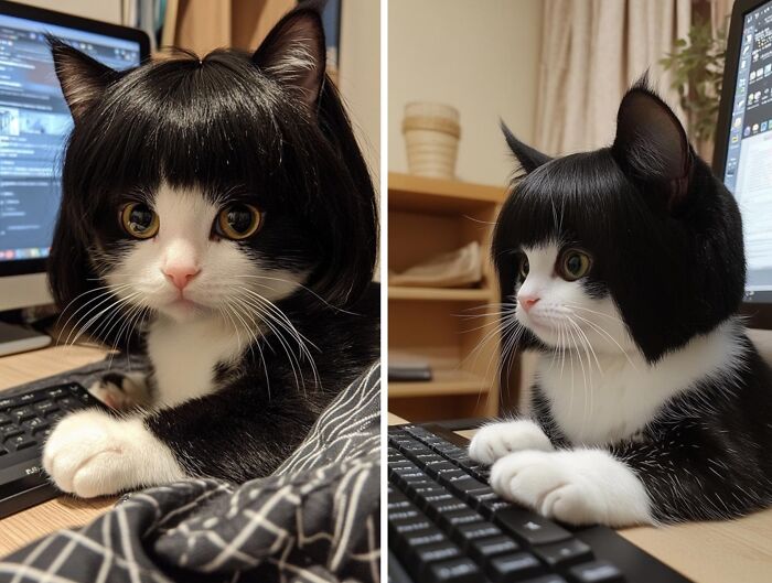 Cat wearing a black wig sitting at a computer keyboard in a hilarious animal pic showing playful shenanigans.