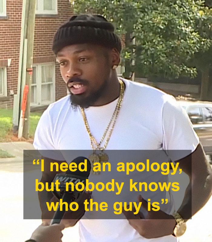 Man in a white shirt giving an interview about receiving instant karma after refusing a sinkhole warning due to his color