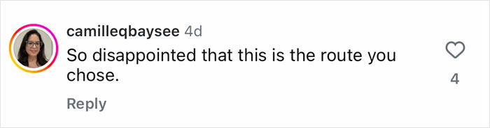 Comment from user camilleqbaysee expressing disappointment about a choice related to Jewel's racy bombshell makeover at 51.