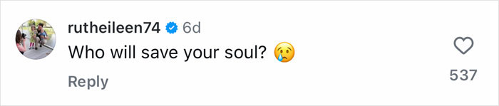 Screenshot of a social media comment by user rutheileen74 asking who will save your soul with a sad emoji.