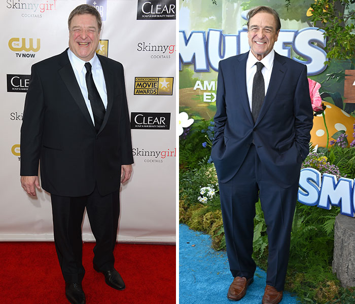 John Goodman before and after drastic 200-lb weight loss, wearing suits and smiling at red carpet events.