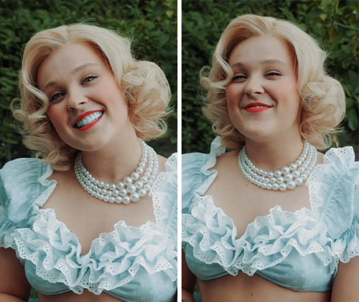 JoJo Siwa in a vintage-inspired outfit with pearl necklace, showcasing trad wife transformation sparking straight pop genre discussion.