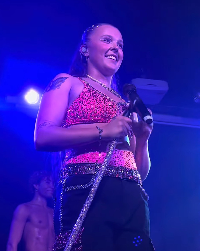Performer wearing a pink studded top and holding a microphone on stage during a straight pop music concert.