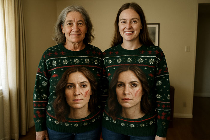 Woman wearing ugly sweater with scar image design, standing with another woman and older person indoors. Woman wearing ugly sweater with scar image design, standing with another woman and older person indoors.