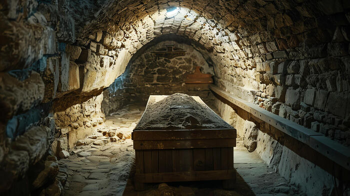 Ancient stone crypt with a sarcophagus symbolizing times when people's bravery changed the course of history. - 23
