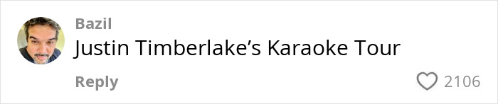 Comment on social media showing a user named Bazil sarcastically mentioning Justin Timberlake&rsquo;s Romania show.