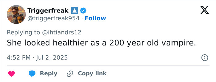 Screenshot of a social media comment discussing Kate Beckinsale's drastic weight loss and scary thin look. Screenshot of a social media comment discussing Kate Beckinsale's drastic weight loss and scary thin look.