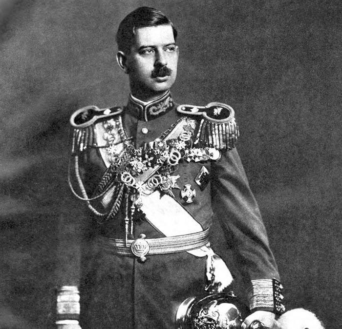 Black and white portrait of a royal man in decorated military uniform illustrating royals who walked away from power.